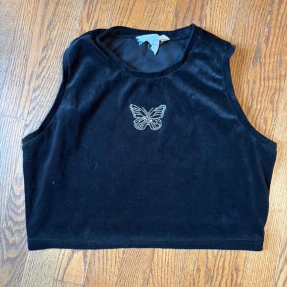 black butterfly rhinestone cropped tank top - Picture 1 of 3